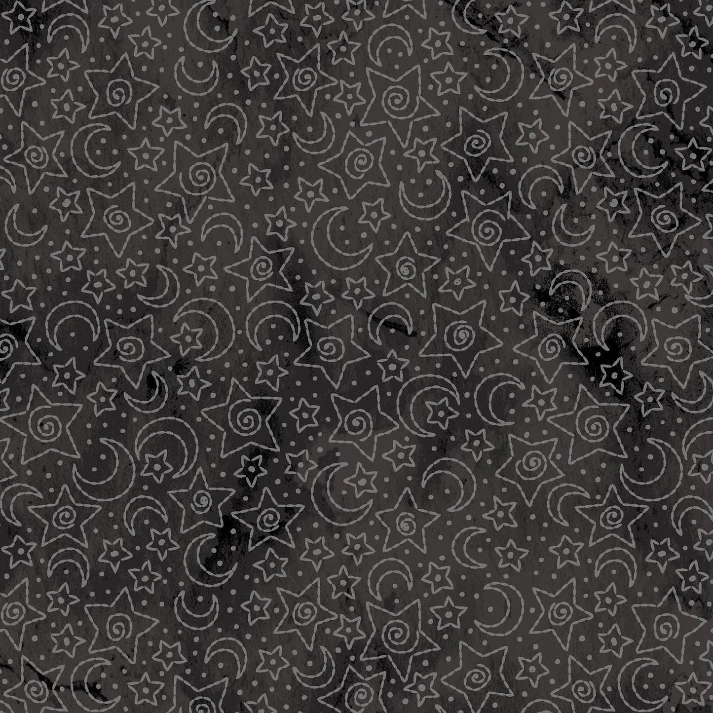 Image of fabric pattern Stars & Moons Black: Celestial pattern with stars and moons on a mottled background pattern from the Halloween fabric collection Spooky Stiches from Maywood Studios