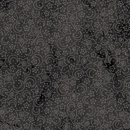Image of fabric pattern Stars & Moons Black: Celestial pattern with stars and moons on a mottled background pattern from the Halloween fabric collection Spooky Stiches from Maywood Studios