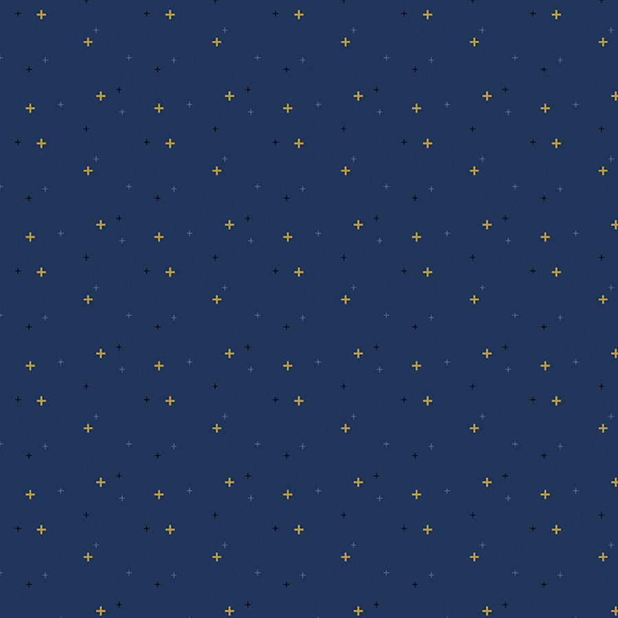 Navy blue background with small gold light blue and black patterns on a navy background