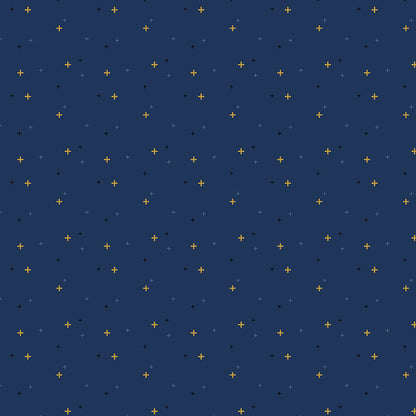 Navy blue background with small gold light blue and black patterns on a navy background