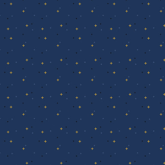 Navy blue background with small gold light blue and black patterns on a navy background