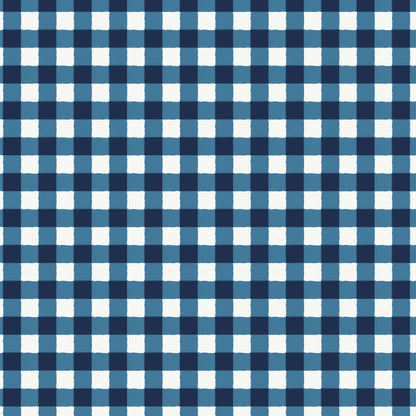 This pattern is gingham blue from The Jubilant fabric collection, which is a summer-theme inspired by outdoor picnics and vintage celebration. Collection offers color of navy, red, blue, sand, cream with patterns Bold Florals: Inspired by summer gardens and vintage charm. Classic Gingham: Traditional checked patterns suitable for picnic-themed projects. Sweet Cherries: Playful fruit motifs that emphasize the summer theme. Dots and Spots: Geometric accents to complement the larger focal prints.