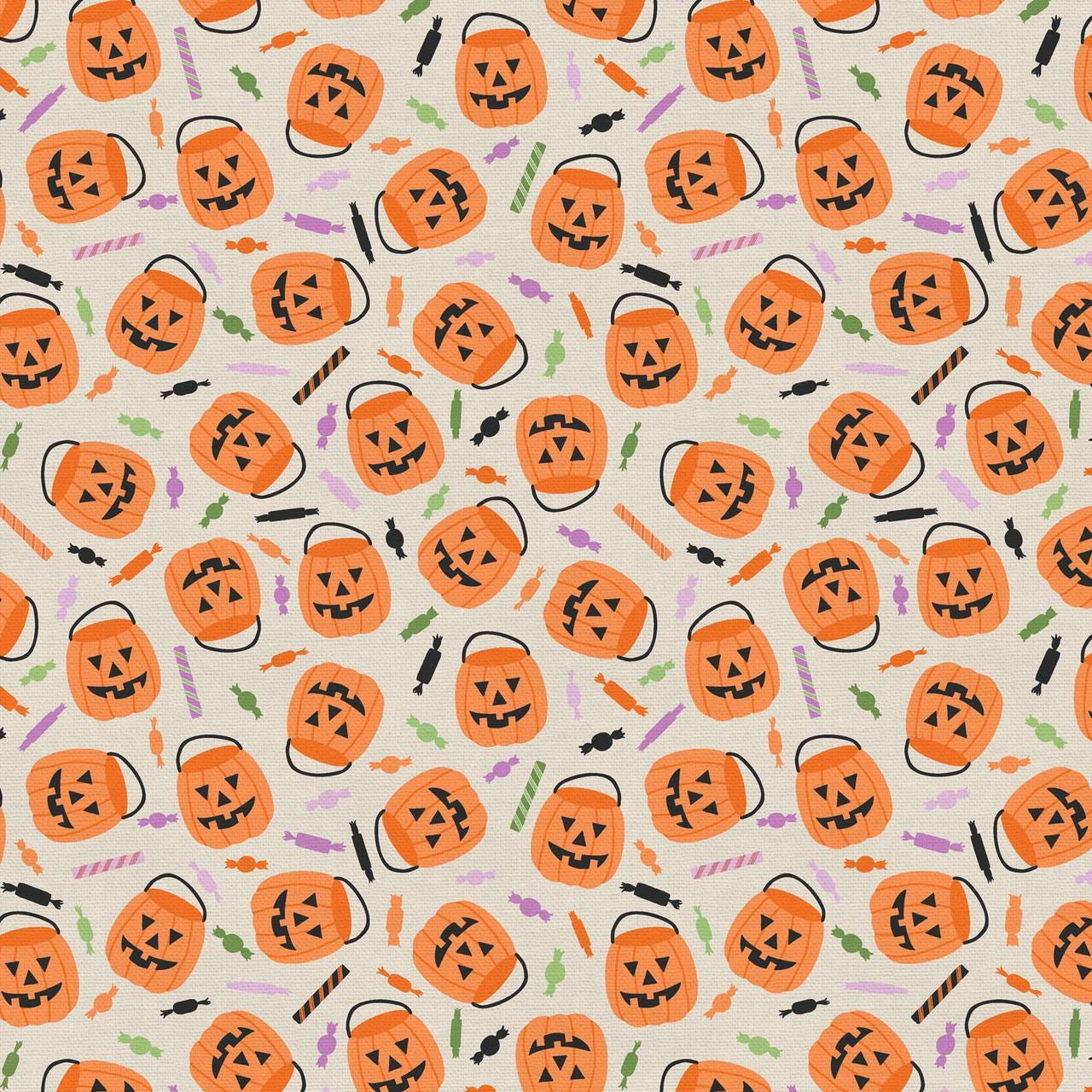 Tricks and Treat 100 cotton fabric collection, this pattern is Candy Haul: A playful print celebrating the end of a night out, filled with trick-or-treat candy, pumpkins, and treats. The collection is designed in a style that is "spooky but sweet" and is printed on 100% premium cotton, making it suitable for quilts and crafty Halloween projects.