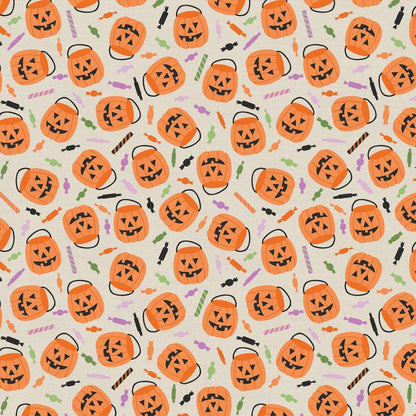 Tricks and Treat 100 cotton fabric collection, this pattern is Candy Haul: A playful print celebrating the end of a night out, filled with trick-or-treat candy, pumpkins, and treats. The collection is designed in a style that is "spooky but sweet" and is printed on 100% premium cotton, making it suitable for quilts and crafty Halloween projects.