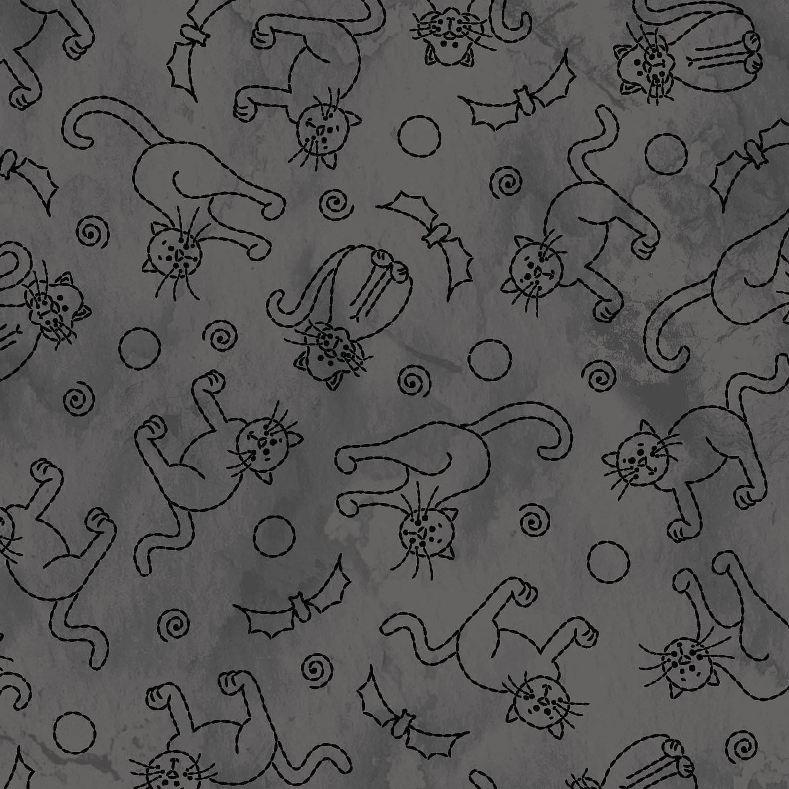 Image is the fabric pattern Cats & Bats Grey: Features stylized, "stitched" black cats and bats, capturing the fun side of Halloween.  from the Spooky Stitches Halloween Fabric collection Maywood Studios 100% cotton