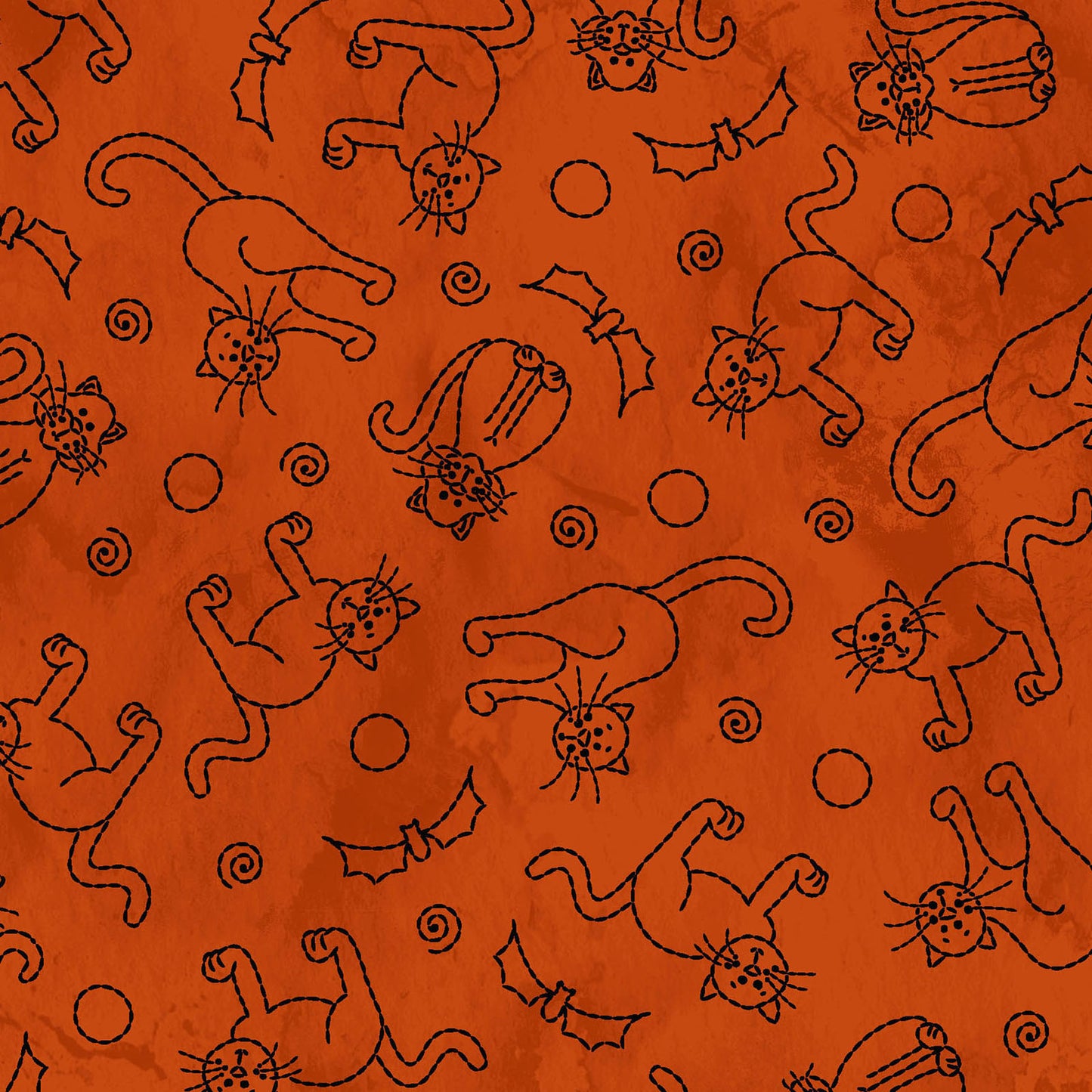 Image is the fabric pattern Cats & Bats orange: Features stylized, "stitched" black cats and bats, capturing the fun side of Halloween.  from the Spooky Stitches Halloween Fabric collection Maywood Studios 100% cotton