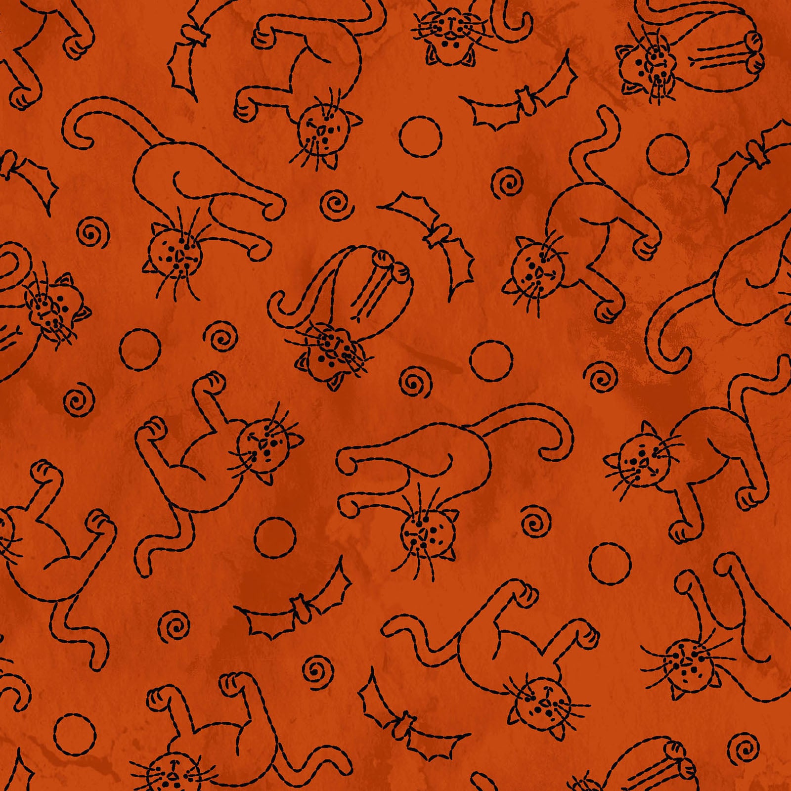 Image is the fabric pattern Cats & Bats orange: Features stylized, "stitched" black cats and bats, capturing the fun side of Halloween.  from the Spooky Stitches Halloween Fabric collection Maywood Studios 100% cotton