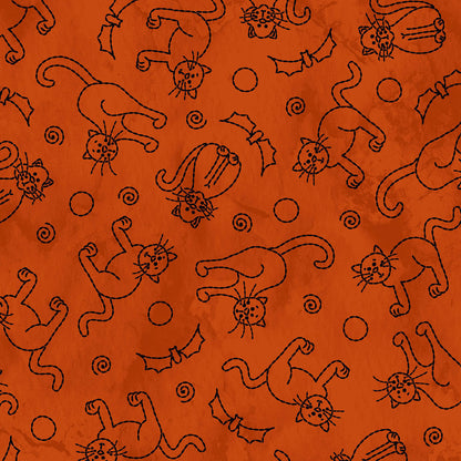 Image is the fabric pattern Cats & Bats orange: Features stylized, "stitched" black cats and bats, capturing the fun side of Halloween.  from the Spooky Stitches Halloween Fabric collection Maywood Studios 100% cotton