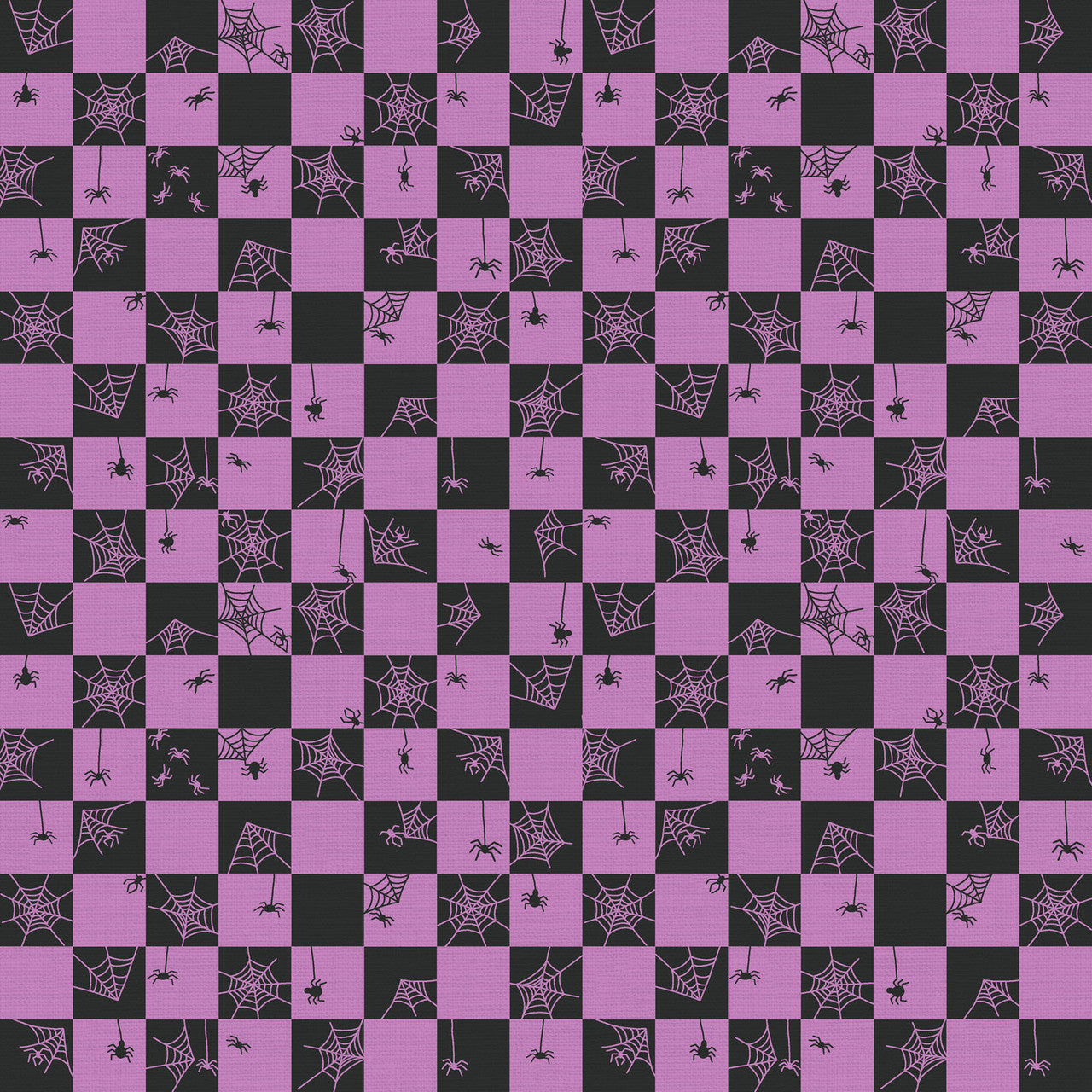 Tricks and Treat 100 cotton fabric collection, this pattern is Cobweb Checker - Purple: A checkered pattern overlaid with cobwebs in shades of purple.  The collection is designed in a style that is "spooky but sweet" and is printed on 100% premium cotton, making it suitable for quilts and crafty Halloween projects.