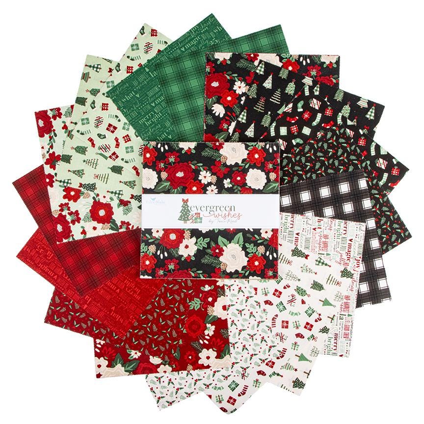 The Evergreen Wishes fabric collection by Traci Reed for Riley Blake Designs blends classic holiday traditions with a fresh, modern palette of rich reds, deep greens, mint, cream, and black. It features beautiful winter florals, cozy plaids, and playful seasonal motifs.