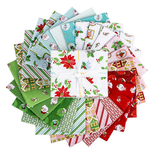 Fat quarter bundle, 24 pieces from The Claus & Co. collection by Melissa Mortenson for Riley Blake Designs captures the nostalgic magic of an imagined North Pole. This festive line features whimsical houses, vintage ornaments, poinsettias, and candy canes in a charming storybook color palette.