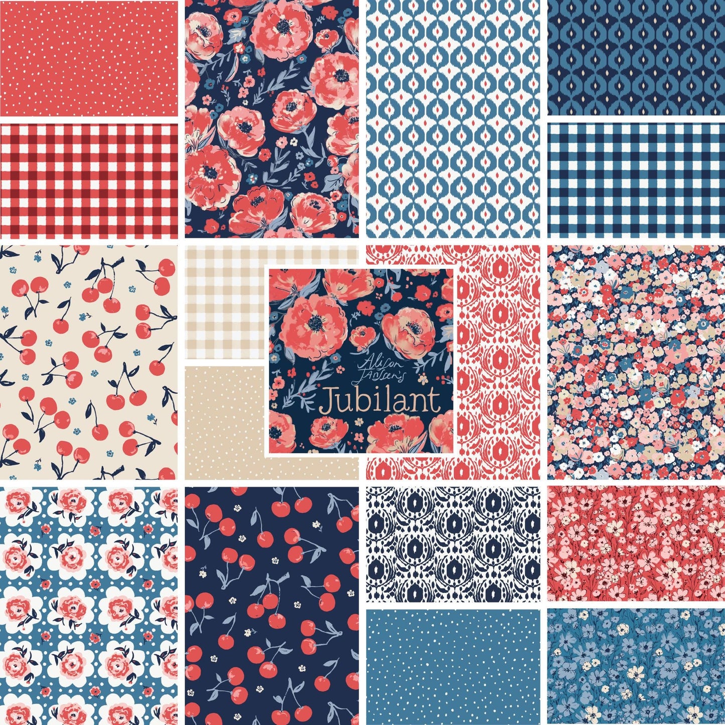 The Jubilant fabric collection by Alison Janssen for Cloud9 Fabrics is a summer-themed, organic cotton line inspired by outdoor picnics and vintage celebrations. The collection features a fresh, modern palette of navy, red, blue, sand, and cream.