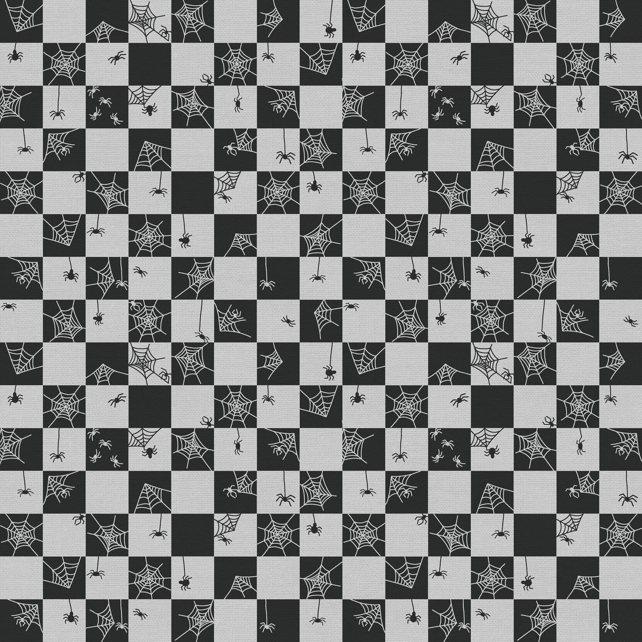 Tricks and Treat 100 cotton fabric collection, this pattern is Cobweb Checker - Black: A checkerboard print with a spiderweb design, commonly in black and white. The collection is designed in a style that is "spooky but sweet" and is printed on 100% premium cotton, making it suitable for quilts and crafty Halloween projects.