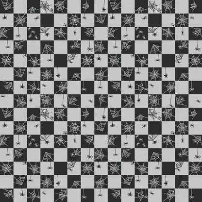 Tricks and Treat 100 cotton fabric collection, this pattern is Cobweb Checker - Black: A checkerboard print with a spiderweb design, commonly in black and white. The collection is designed in a style that is "spooky but sweet" and is printed on 100% premium cotton, making it suitable for quilts and crafty Halloween projects.