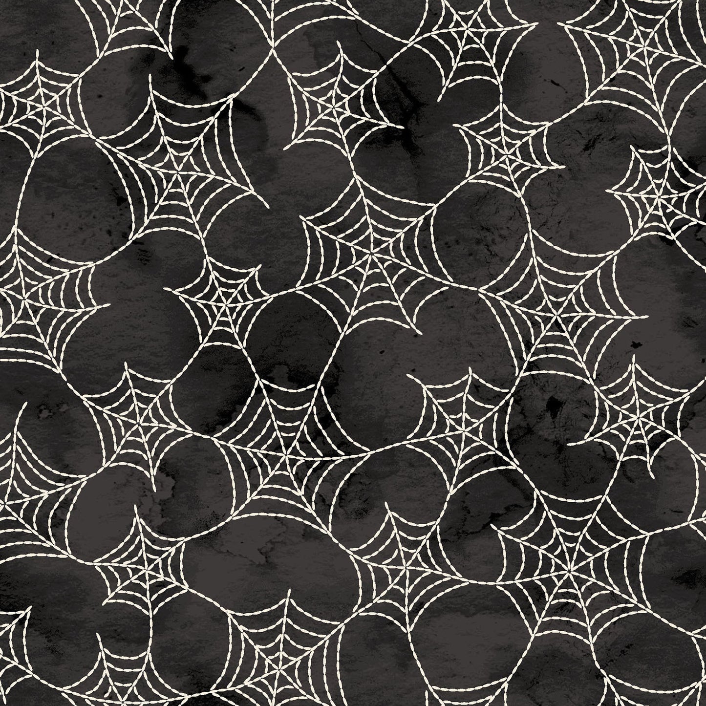 Image is the fabric pattern Spiderwebs black: An intricate, delicate spiderweb design covering the fabric to add a layer of mystery and texture  from the Spooky Stitches Halloween Fabric collection Maywood Studios 100% cotton