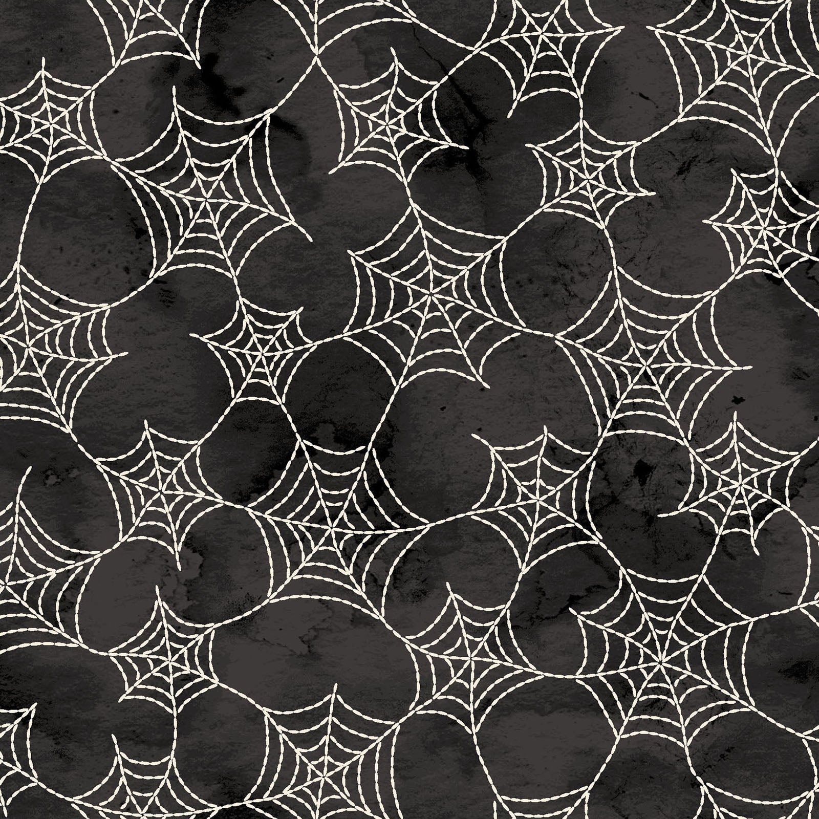 Image is the fabric pattern Spiderwebs black: An intricate, delicate spiderweb design covering the fabric to add a layer of mystery and texture  from the Spooky Stitches Halloween Fabric collection Maywood Studios 100% cotton