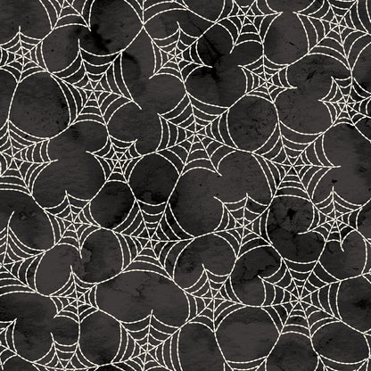 Image is the fabric pattern Spiderwebs black: An intricate, delicate spiderweb design covering the fabric to add a layer of mystery and texture  from the Spooky Stitches Halloween Fabric collection Maywood Studios 100% cotton