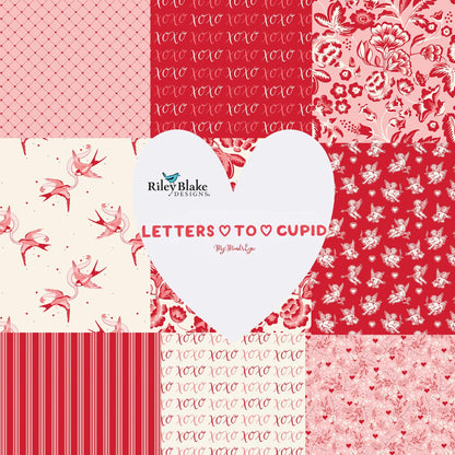 Letters to Cupid fabric collection,  a romantic, Valentine-themed line designed by My Mind's Eye for Riley Blake Designs. The collection features a classic color palette of cream, red, and blush pink, with motifs including fluttering cupids, delicate florals, love birds, timeless stripes, and playful X’s and O’s