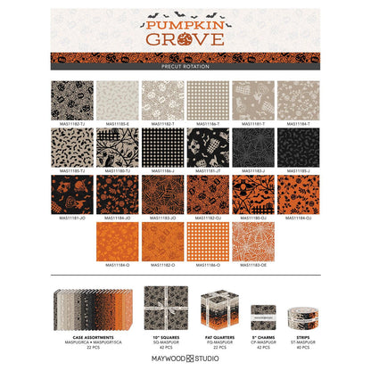 Collage of patterns from The Pumpkin Grove collection by Maywood Studio is a rustic, farmhouse-inspired Halloween fabric line featuring a sophisticated seasonal palette of black, cream, orange, tan, and greige. It includes 22 SKUs and is characterized by textured backgrounds and classic spooky motifs