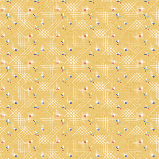 cotton fabric Patterned with geometric criss cross design and small flowers on a yellow background