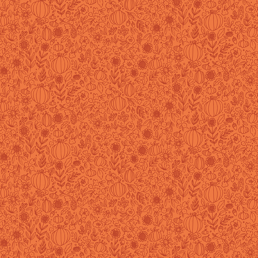 cotton fabric Pattern of pumpkins and flowers on an orange background