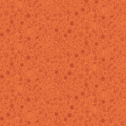 cotton fabric Pattern of pumpkins and flowers on an orange background