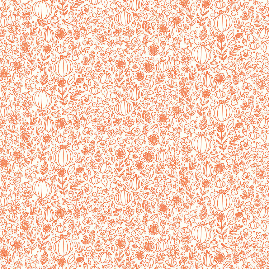 cotton fabric Pattern of pumpkins and flowers in orange on a white background
