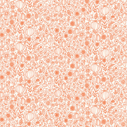 cotton fabric Pattern of pumpkins and flowers in orange on a white background