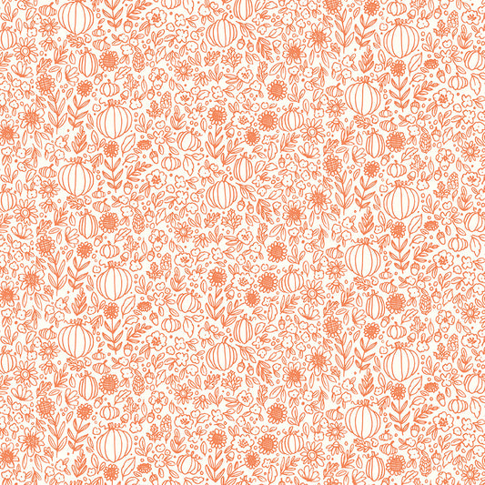 cotton fabric Pattern of pumpkins and flowers in orange on a white background