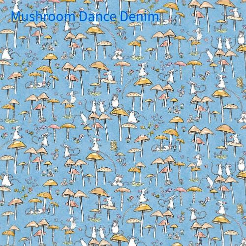 Cotton fabric collection called Mouseplay pattern Mushroom Dance features light blue fabric with cartoon mushrooms and playful mice. The mushrooms have tan and pink caps, and the mice are white. The small white mice are scattered throughout, some perched on the mushroom caps.