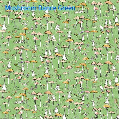 Cotton fabric collection called Mouseplay pattern Mushroom Dance features light green fabric with cartoon mushrooms and playful mice. The mushrooms have tan and pink caps, and the mice are white. The small white mice are scattered throughout, some perched on the mushroom caps.