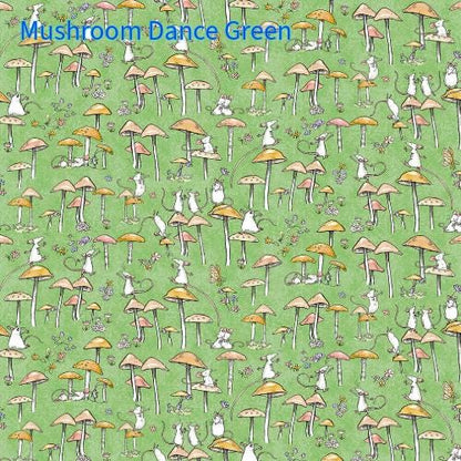 Cotton fabric collection called Mouseplay pattern Mushroom Dance features light green fabric with cartoon mushrooms and playful mice. The mushrooms have tan and pink caps, and the mice are white. The small white mice are scattered throughout, some perched on the mushroom caps.