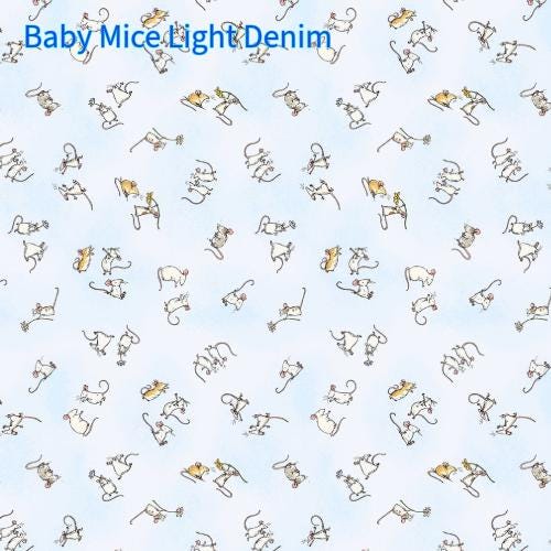 Cotton Fabric Collection Mouseplay pattern is Baby Mice,  background  light denim with pattern of cartoon mice in playful poses. The mice are in shades of white, tan, and gray, with black outlines.
