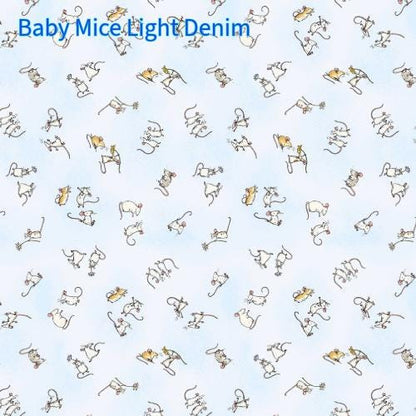 Cotton Fabric Collection Mouseplay pattern is Baby Mice,  background  light denim with pattern of cartoon mice in playful poses. The mice are in shades of white, tan, and gray, with black outlines.