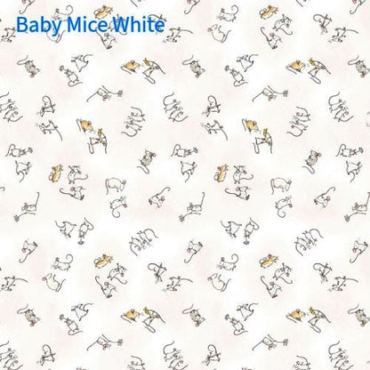 Cotton Fabric Collection Mouseplay pattern is Baby Mice,  background  white denim with pattern of cartoon mice in playful poses. The mice are in shades of white, tan, and gray, with black outlines.