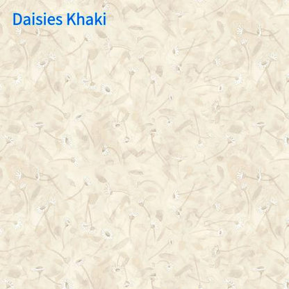 Cotton fabric collection Mouseplay pattern is Daisies with light khaki background and watercolor like daisies with soft, blended colors and a delicate floral theme.