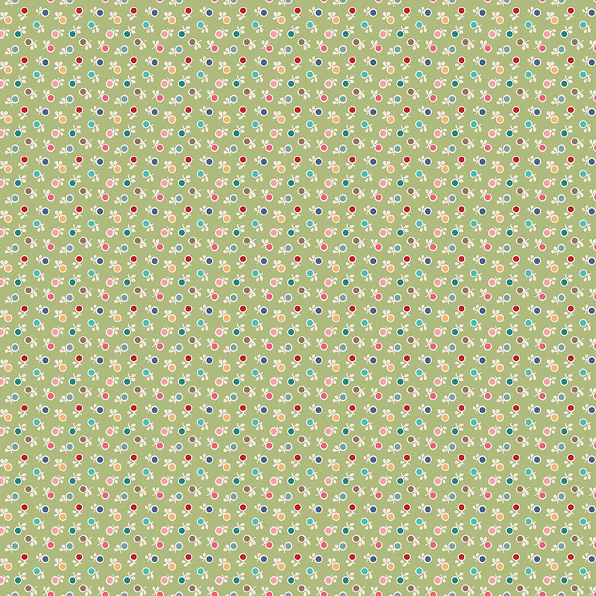 cotton fabric Patterned fabric with small colorful dots / flowers on a green background