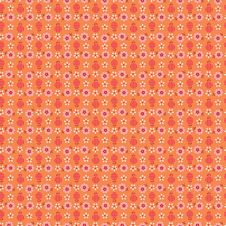 cotton fabric Patterned fabric with small flowers and ladybugs on a pumpkin /orange background
