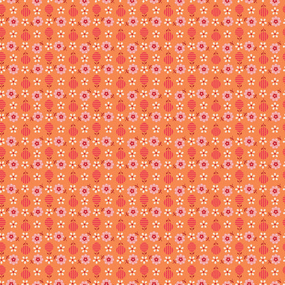 cotton fabric Patterned fabric with small flowers and ladybugs on a pumpkin /orange background