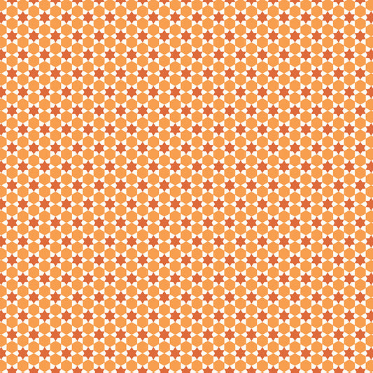 cotton fabric Pattern of small light orange circles with dark orange stars on a white background