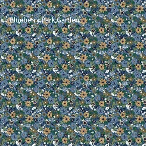 cotton fabric collection spoonful of sugar this one is a repeating pattern of small flowers in shades of blue, gold, white, and green called "Blueberry Park Garden" The floral design is dense and covers the entire surface.