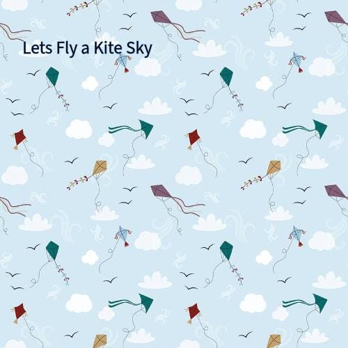 cotton fabric collection spoonful of sugar this pattern is of colorful kites in various shapes and colors, including red, green, blue, and purple, against a light blue background. The kites are accompanied by stylized clouds, birds, and decorative swirls. 