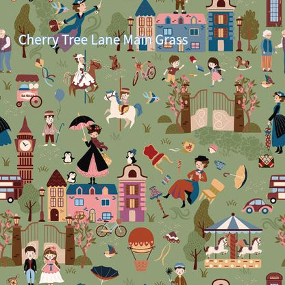 cotton fabric spoonful of sugar collection this pattern features a green background with illustrations of houses, people, and animals as on Cherry Tree Lane. The design includes a carousel, hot air balloon, and a double-decker bus.