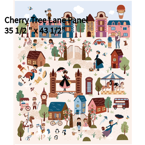 Cotton fabric Spoonful of Sugar Collection Panel  35.5 x 43.5 featuring a whimsical illustration of Cherry Tree Lane. The design includes colorful houses, people, a carousel, and a double-decker bus. 