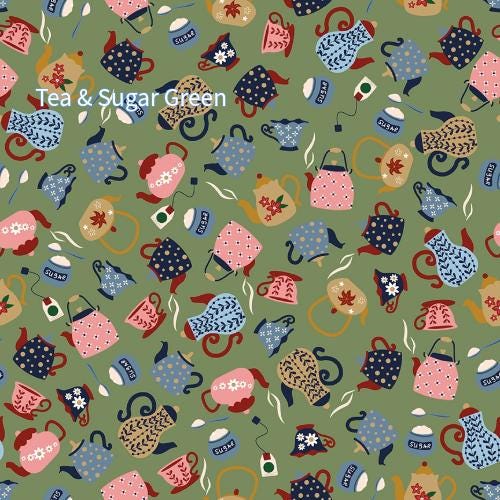 Cotton Fabric Spoonful of Sugar collection.   A repeating pattern of teapots, teacups, sugar bowls, and tea bags in various colors, including pink, blue, and tan, on a green background.