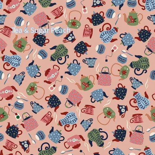 Cotton Fabric Spoonful of Sugar collection.   A repeating pattern of teapots, teacups, sugar bowls, and tea bags in various colors, including pink, blue, and tan, on a pinky peach background.