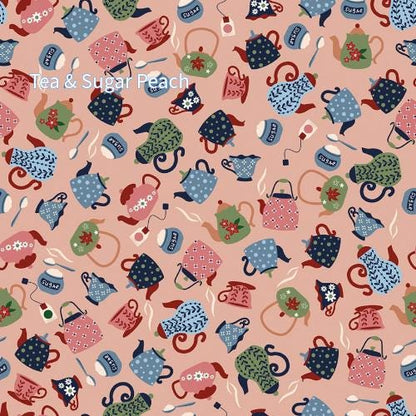 Cotton Fabric Spoonful of Sugar collection.   A repeating pattern of teapots, teacups, sugar bowls, and tea bags in various colors, including pink, blue, and tan, on a pinky peach background.