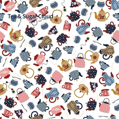 Cotton Fabric Spoonful of Sugar collection.   A repeating pattern of teapots, teacups, sugar bowls, and tea bags in various colors, including pink, blue, and tan, on a white background.