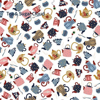 Cotton Fabric Spoonful of Sugar collection.   A repeating pattern of teapots, teacups, sugar bowls, and tea bags in various colors, including pink, blue, and tan, on a white background.