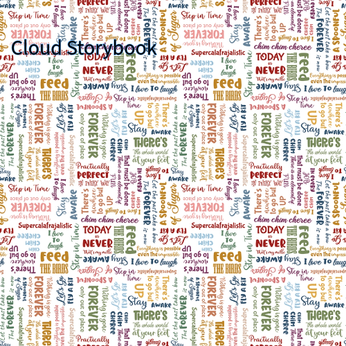cotton fabric from spoonful of sugar collection pattern called Cloud Storybook and is a Text collage with various words and phrases on a white background 